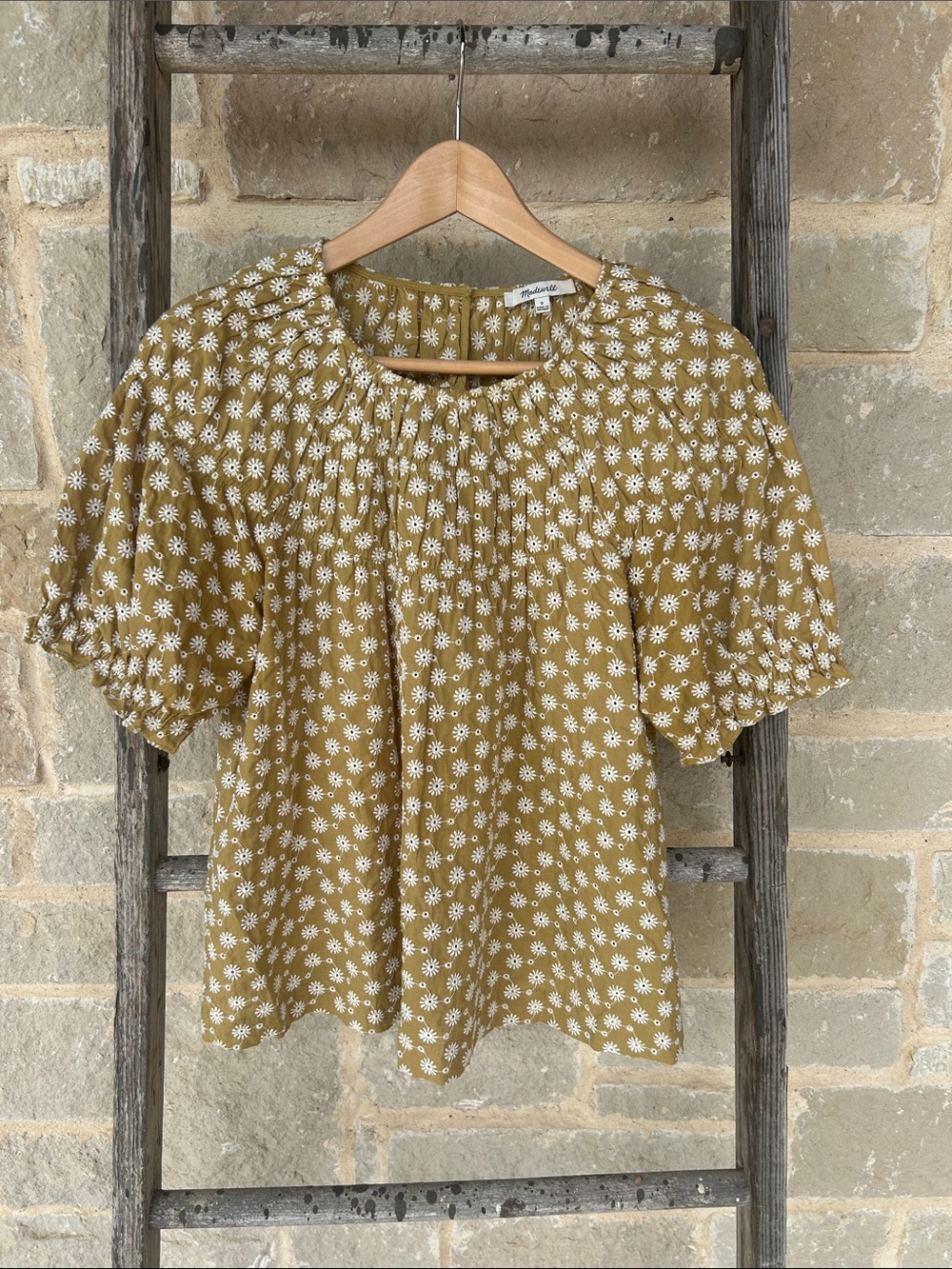 Madewell Mustard Eyelet Puff-Sleeve Peasant Blouse